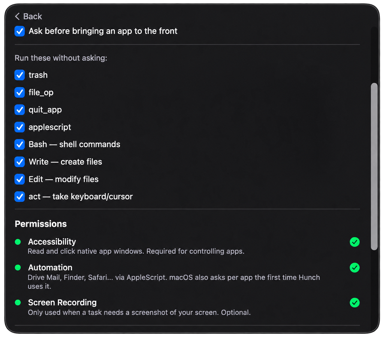 Hunch permissions and approval settings