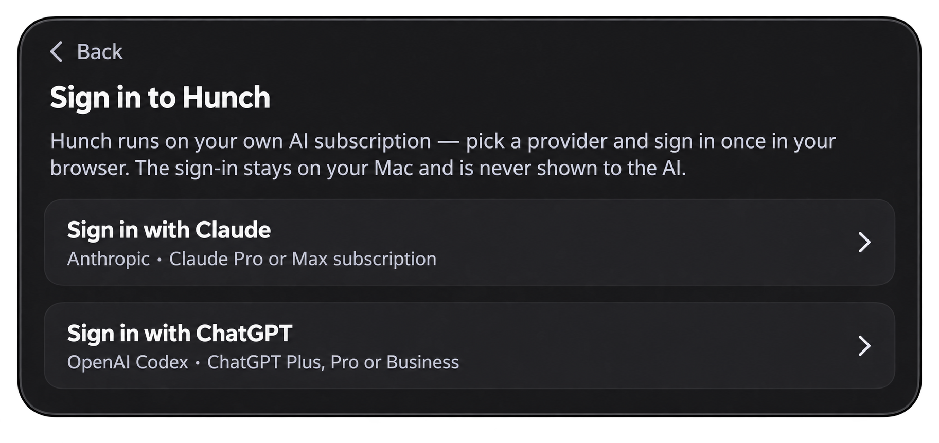 Hunch sign-in screen with Claude and ChatGPT or Codex options